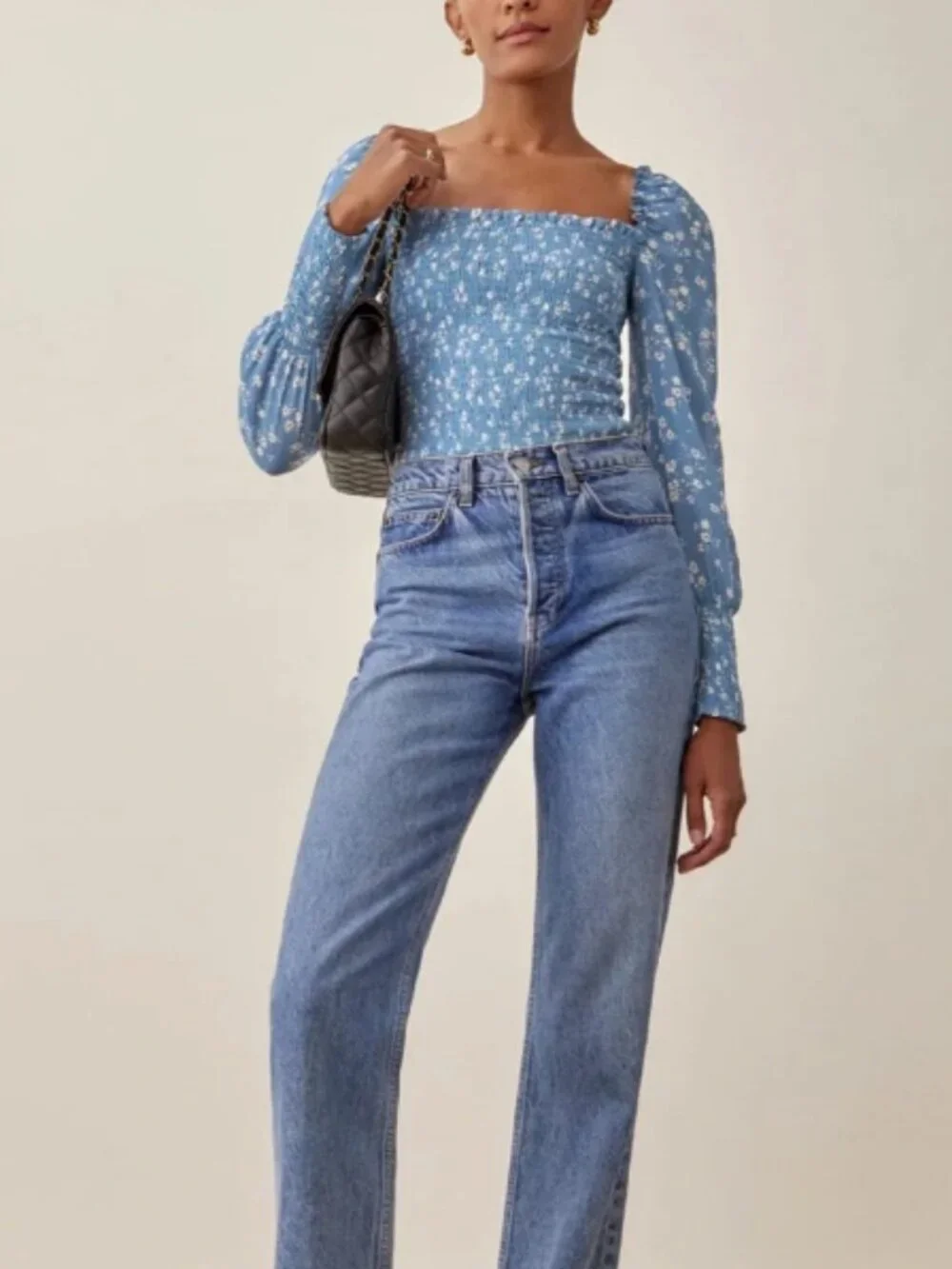 REFORMATION Pinto Blue Smocked White Floral Top L